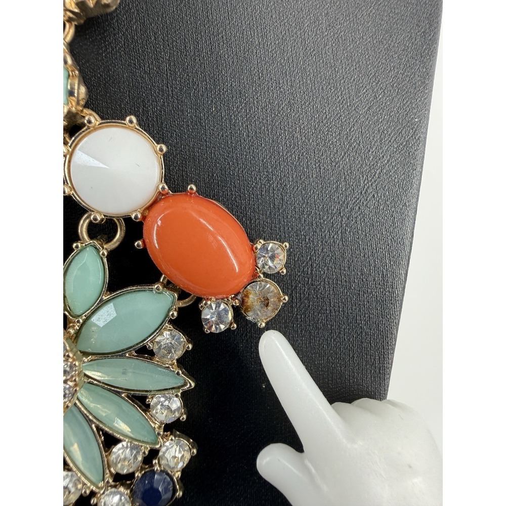 Chunky Bib Statement Necklace Gold Tone Teal Orange White crystal Floral - Picture 4 of 8
